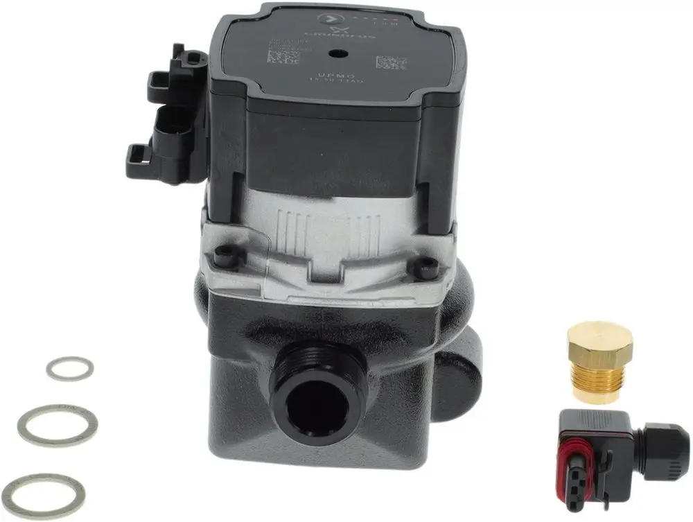 Bosch Pumpe mit Anschlussstück, Elektromotor, drei Dichtungsringen und einem weiteren Zubehörteil. Das Produkt ist schwarz mit silbernen Elementen.